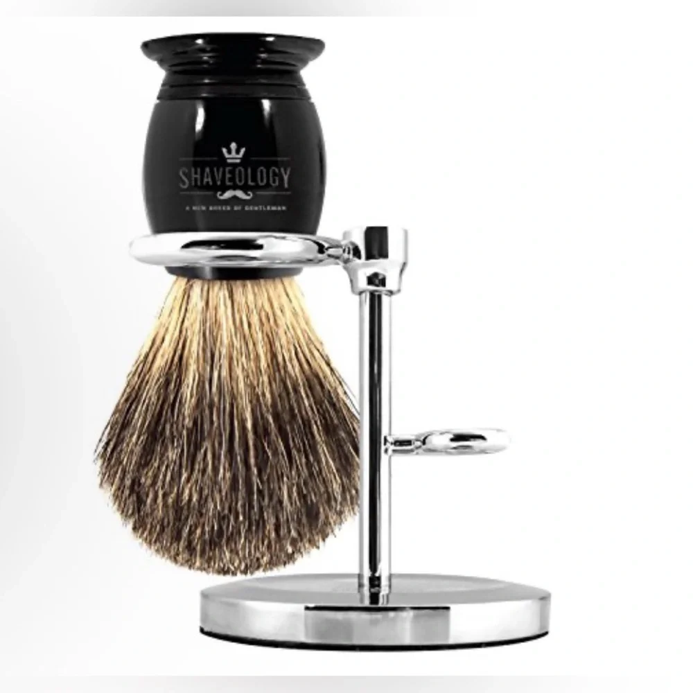 Shaveology Pure Badger Hair Shaving Brush & Chrome Stand Set - NIB
